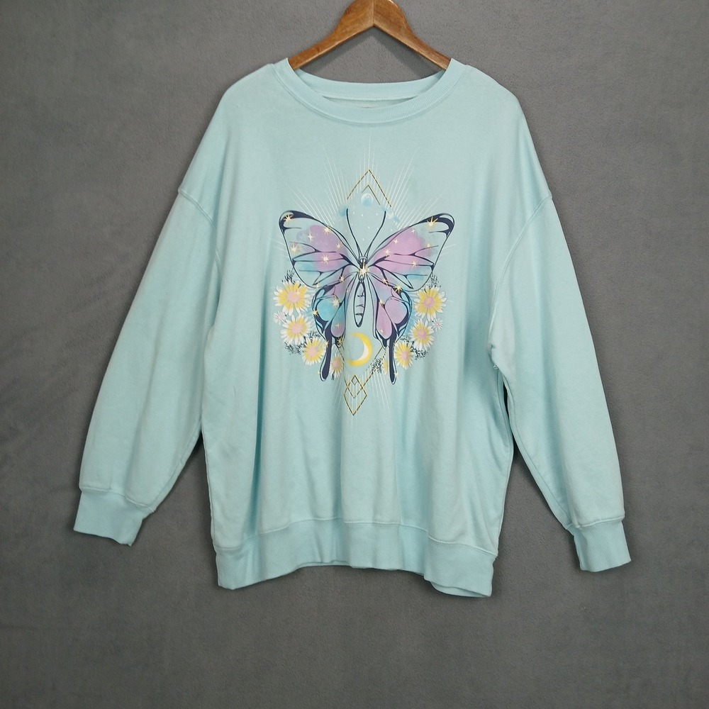 Rebellious One‎ Sweatshirt Womens 2X Turquoise Fleece Lined Graphic Butterfly